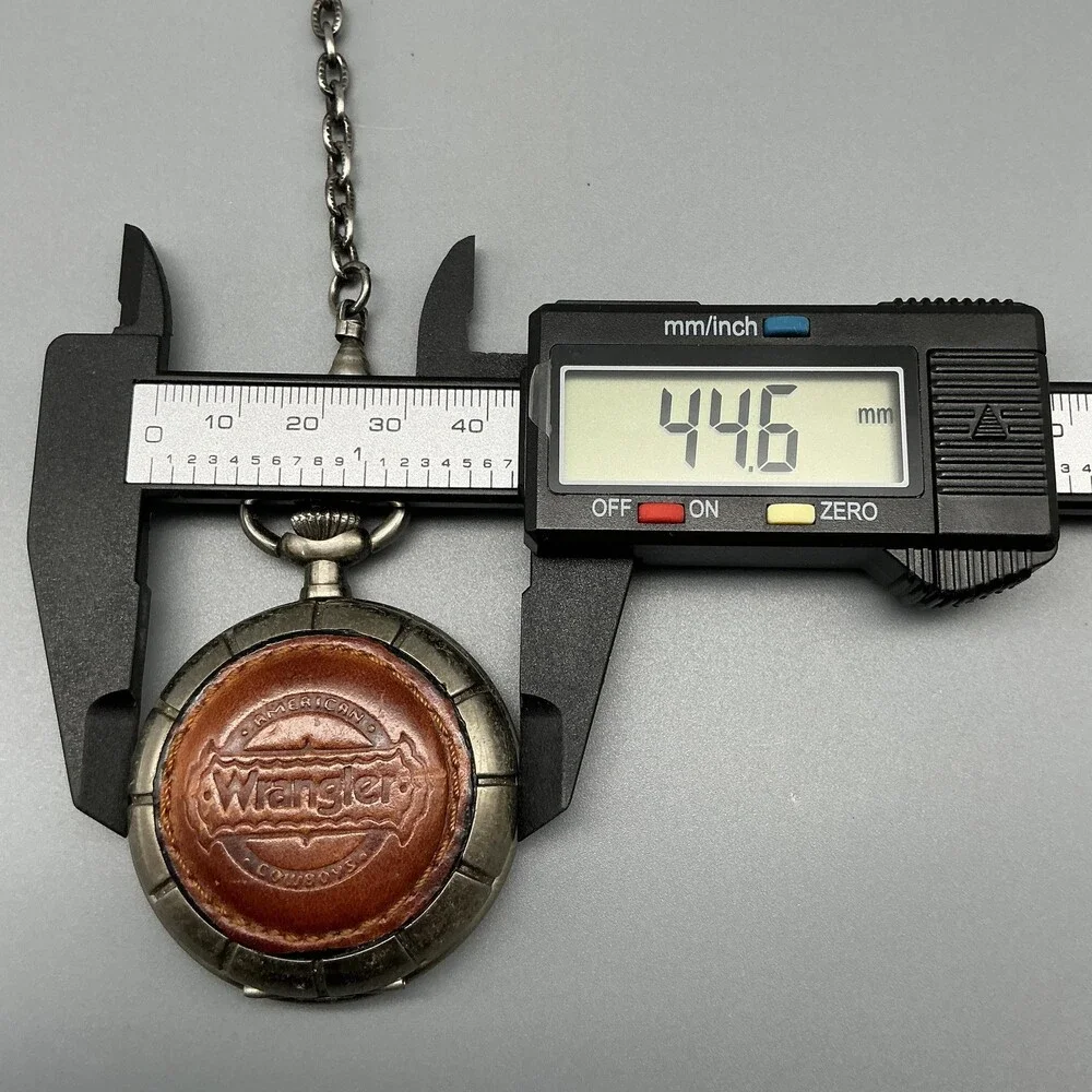 Vtg Wrangler Pocket Watch Men 45mm Silver Tone Leather Logo Chain New Battery